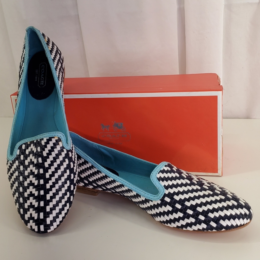 COACH WOMENS CATRIN NAVY CHALK LEATHER WEAVED/BRAIDED LOAFER. SZ.8.5 $235.00